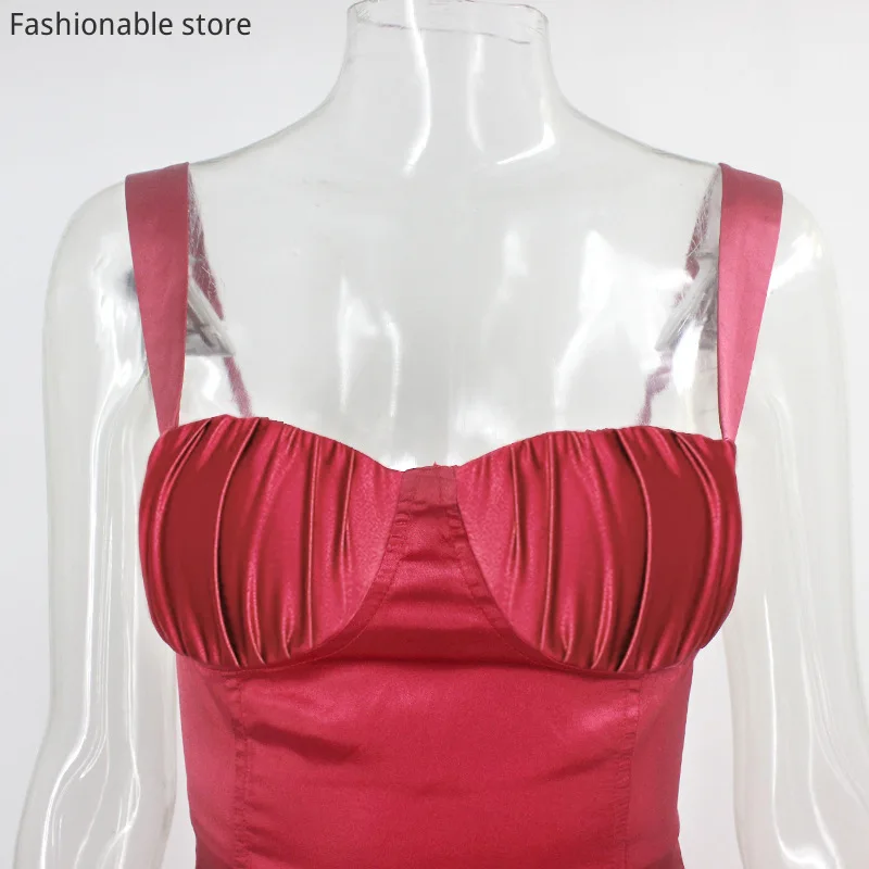 

Women Sexy Black Red Spaghetti Strap Ruched Satin Nightclub Party Dress