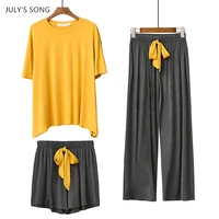 julys song 3 pieces pajamas set modal casual loose spring autumn sleepwear short sleeved shorts long trousers soft home wear