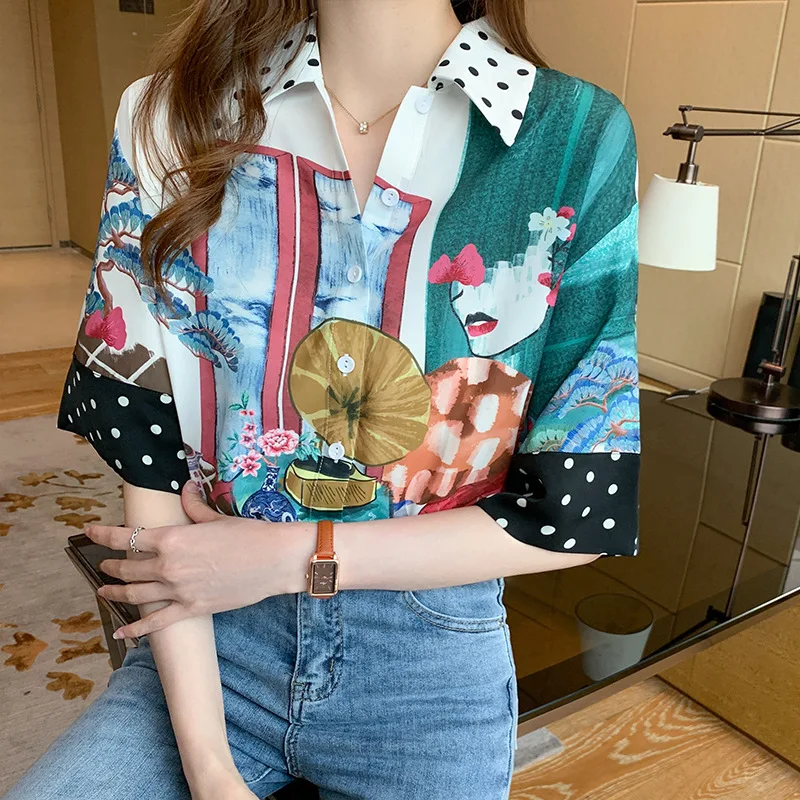 

Chiffon shirt women's 2021 summer new Korean printing fashion foreign style Hong Kong style top short sleeve shirt