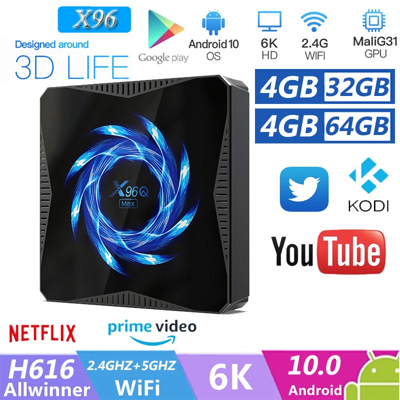 ТВ приставка X96Q MAX на Android 10 0 4 + 32 ГБ 2 4/5 ГГц Wi Fi Bluetooth Bluetooth|ТВ-приставки и