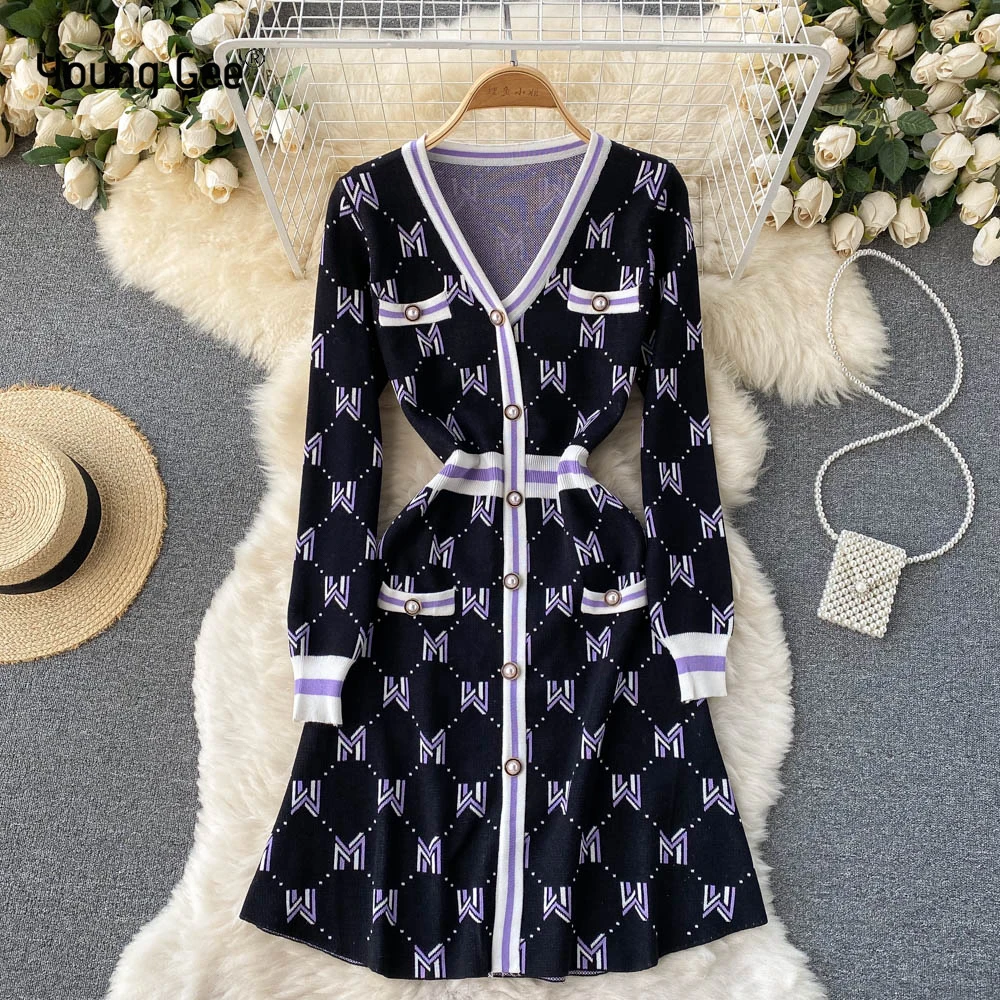 

Young Gee Women Autumn Winter Sweater Dress Vintage Black V Neck Letters Pattern Slim Elastic Warm Pullovers Knitting Dresses