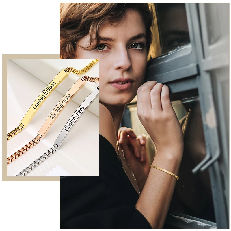 Женские браслеты с гравировкой на заказ из нержавеющей стали цепочкой и