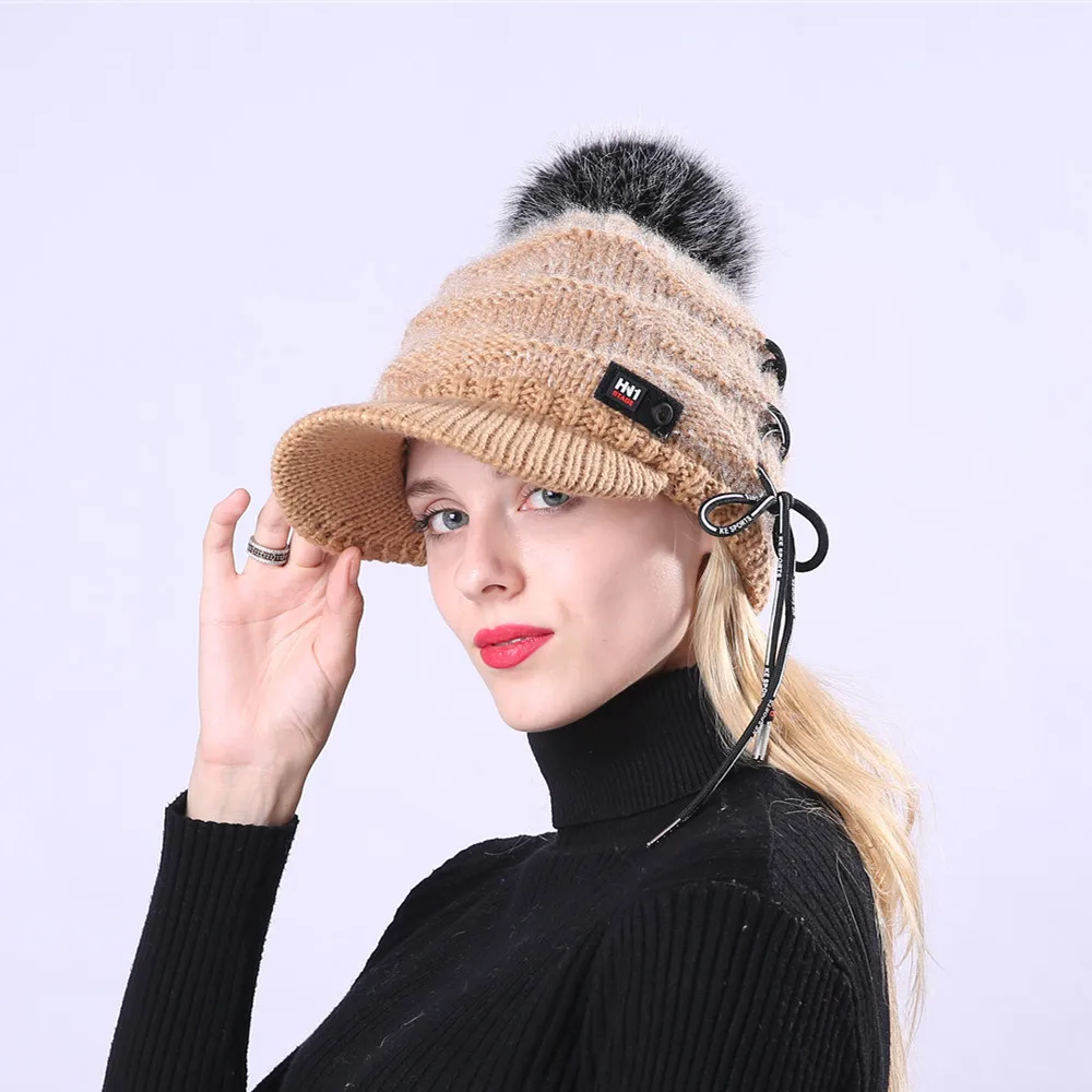 Модная шапка с помпонами для женщин, женские шапки Skullies, теплая меховая женская шапка, зимняя шапка, Брендовая женская шапка