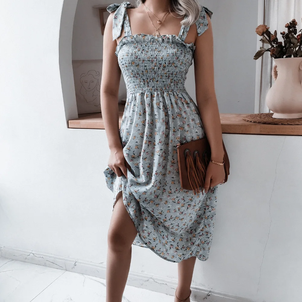 

Summer Women Floral Chiffon Midi Dress Casual Print Elegant Lace-up Holiday Beach Dresses Pink Sleeveless Sundress Female 2021