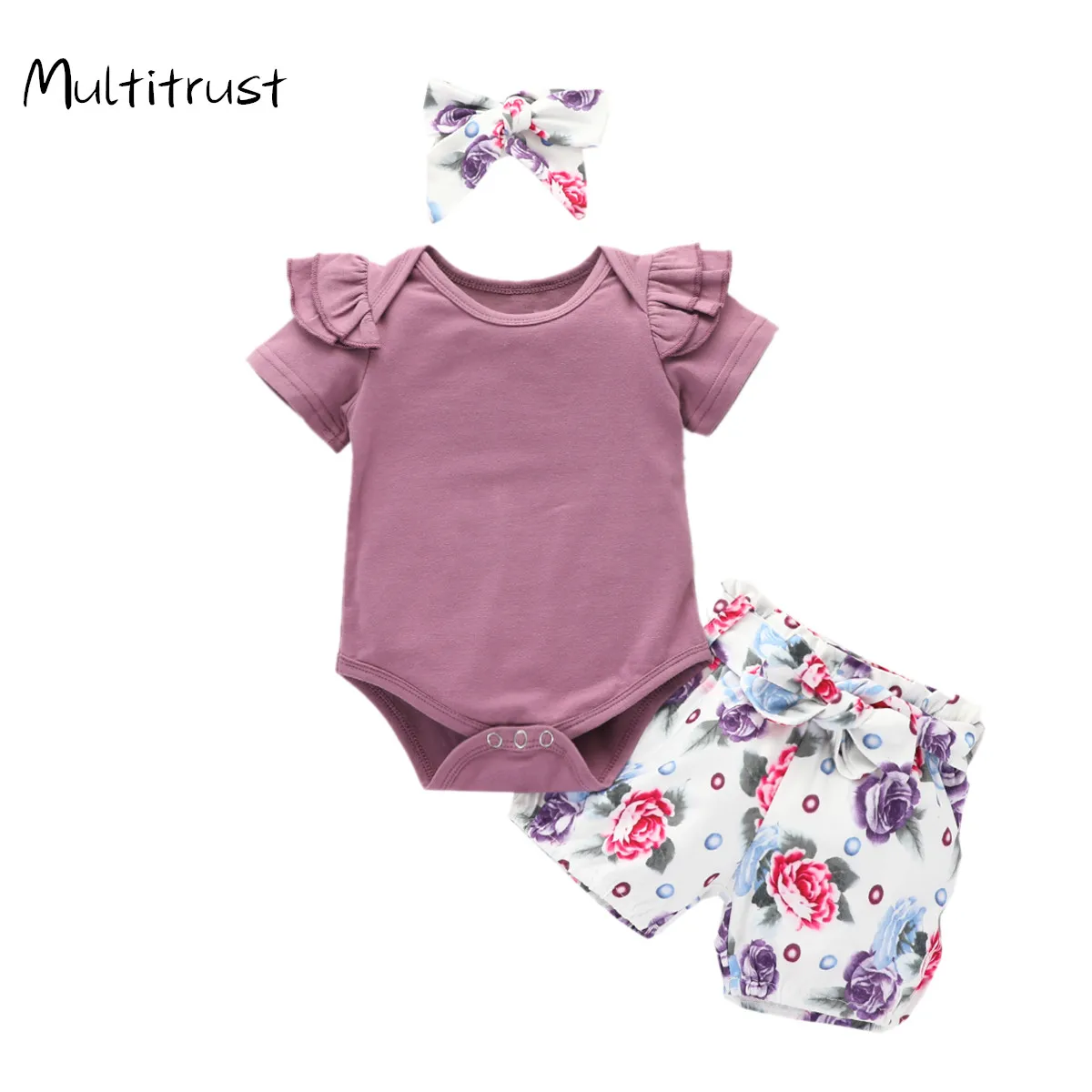 

3PCS Infant Toddler Baby Girl Clothes Ruffle Romper Bodysuit Floral Halen Pants Headband Outfits