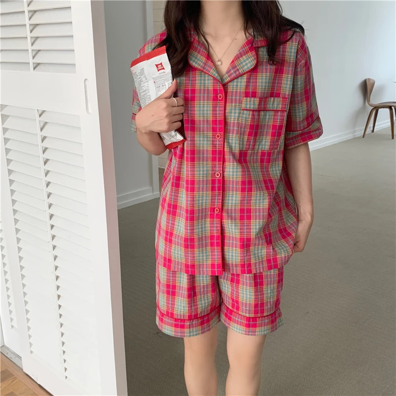 

CBAFU summer plaid sleepwear women pajamas set cotton linen home clothes casual lapel collar tops shorts pyjama suit loose M726