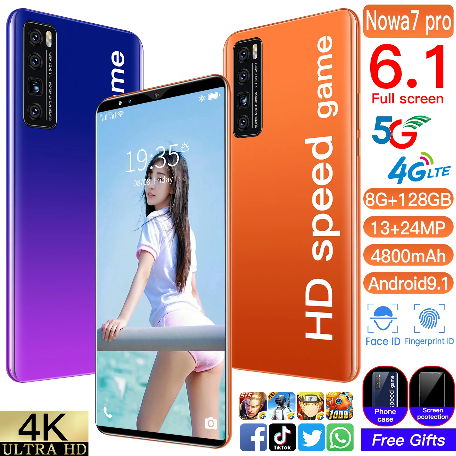 

New 8GB RAM 128GB ROM 5G LTE Cellphones 13+24MP Camera Galxy Nowa7 Pro Smartphones Celular 10 Core 4800mAh Mobile Phone Face ID