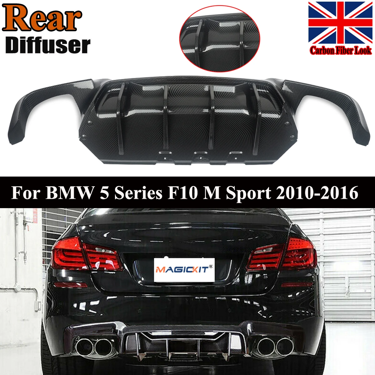 

MagicKit Carbon Style Rear Diffuser Bumper Lip Quad Exhaust For 2011-2016 BMW F10 M Sport