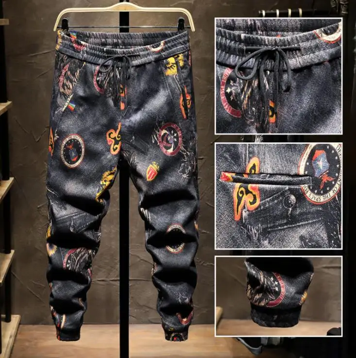 New European printing pants men's jeans American style digital slim-fit flower trousers lace-up closure stretch casual trousers