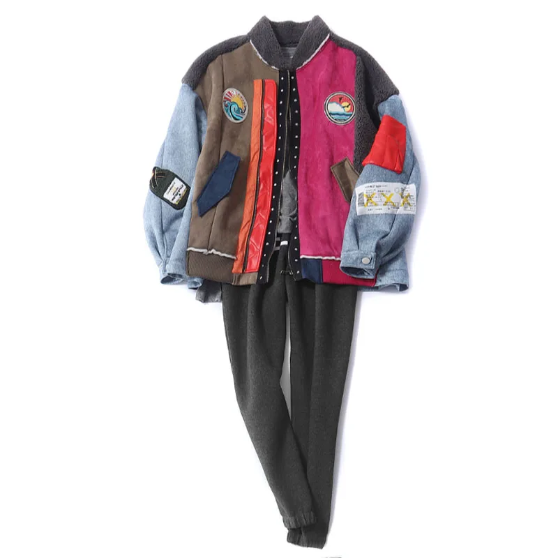 

Jacket Casual Women Chic Winter New Lamb Hair Stitching Denim Contrast Casual Harajuku Embroidery Bear Female Windbrea