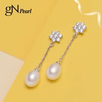gn pearl 925 sterling silver zirconia drop earrings stud gnpearl genuien 7 8mm white natural freshwater pearl women fine jewelry