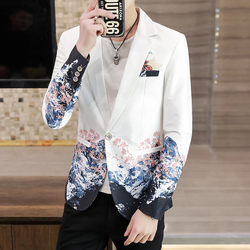 Men's Summer Blazer Fashion Korean Clothing Gradient Inspired Prints Fancy Floral Suit Jacket Casual Slim Fit Blazzer Coat images - 5