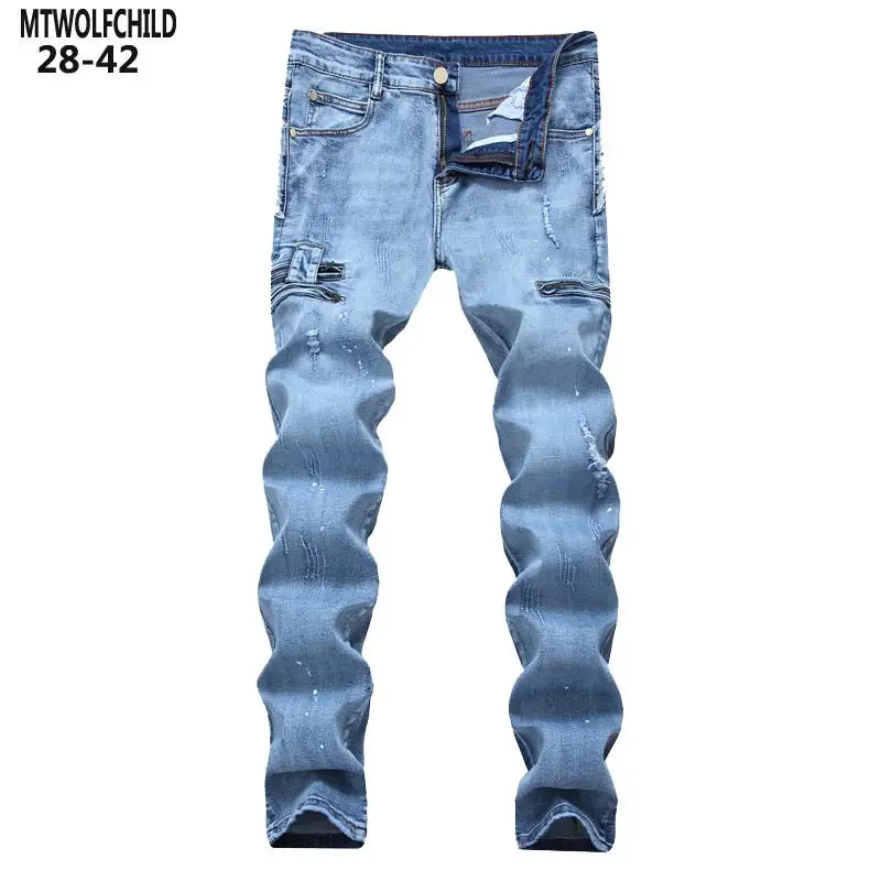 Мужские потертые синие джинсовые брюки повседневные Эластичные зауженные 28-42