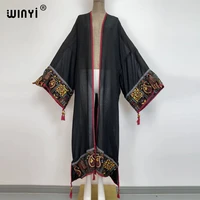 winyi 2022 summer sexy see through embroidered long kimono stitch beachwear women middle east muslim abaya long kaftan