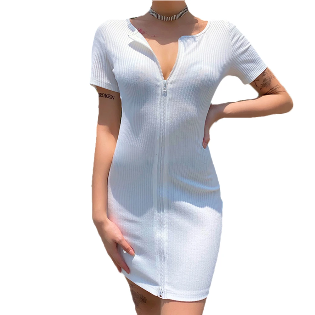 

2020 Ladies Summer Solid Color Bodycon Dress Women Summer Sexy V-neck Short Sleeve Double Zipper Dress Casual Party Clubwear
