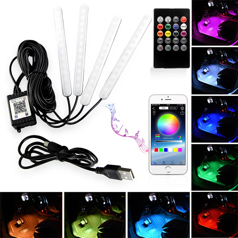 

4Pcs Car RGB LED DRL Strip Light Car Auto Remote Control Interior Floor Decorative Flexible LED Strip Atmosphere Lamp Fog Lamp