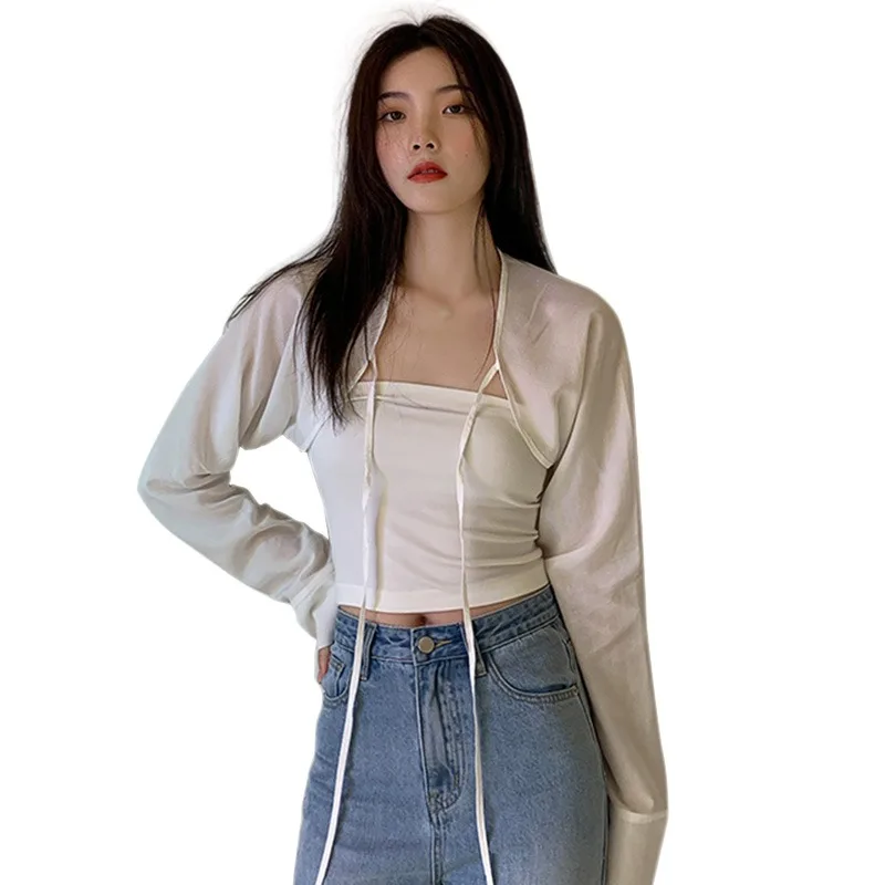 

Женская летняя и осенняя тонкая рубашка из двух предметов, короткий топ с защитой от солнца и бретельками