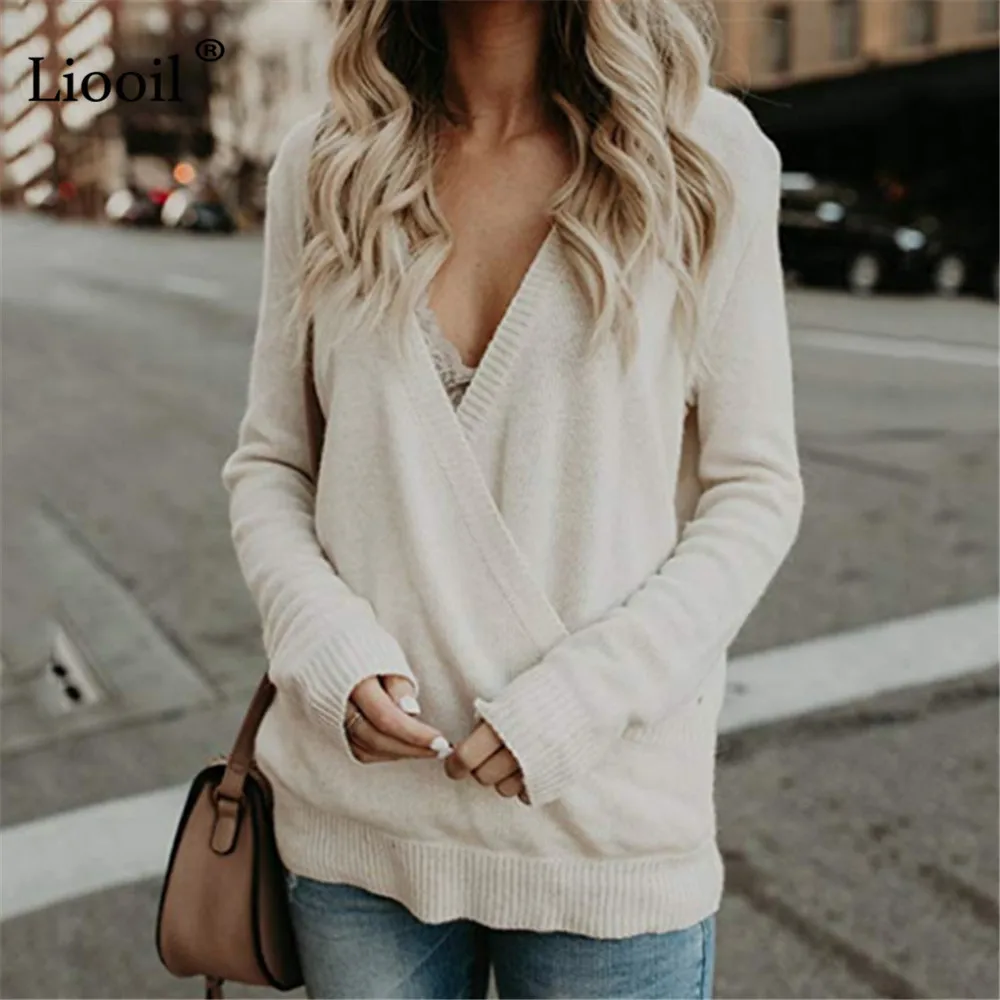 

Liooil Sexy Plus Size Knit Sweater Women 2020 Long Sleeve Deep V Neck Casual Female Autumn Winter Oversize Pullovers And Blouse