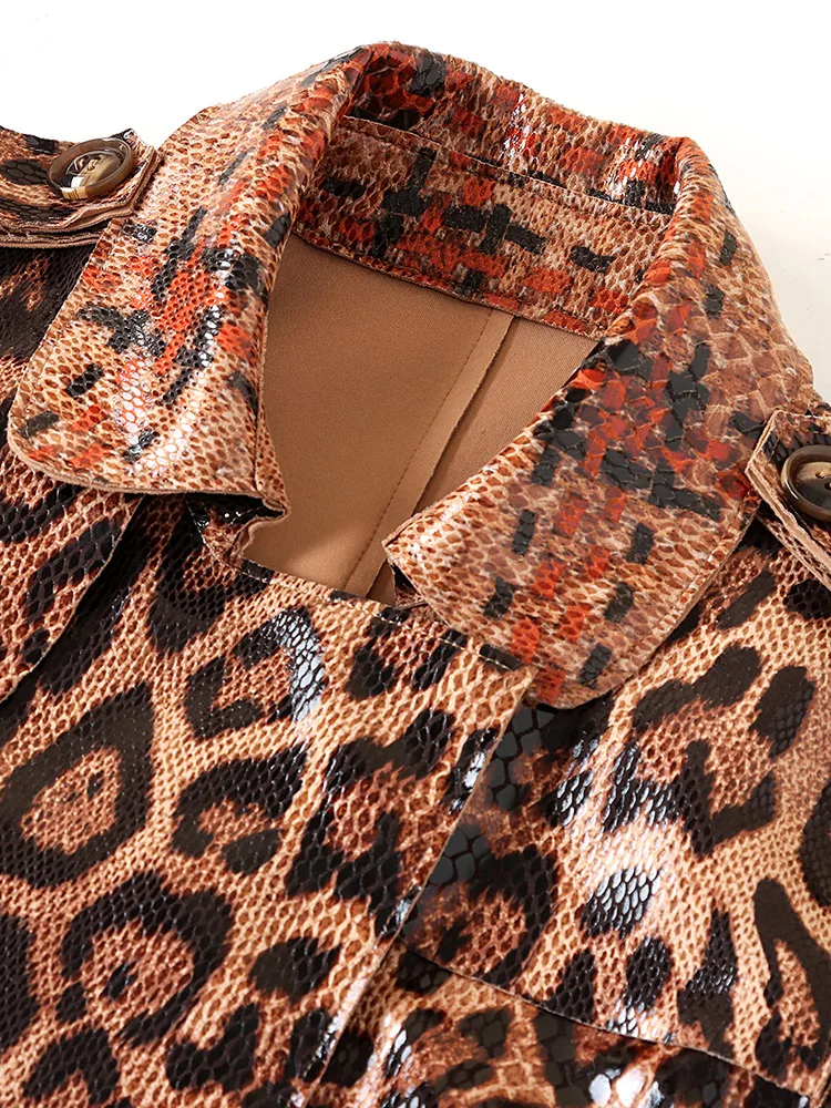 

2019 New Runway Designer Fall Winter Coats Women's Fashion Turn Down Collar Leopard print leather jacket Belted outerwear