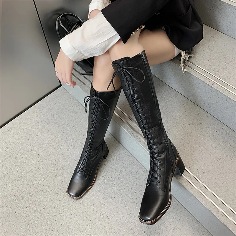

Meotina Motorcycle Boots Women Shoes Real Leather High Heel Knee High Boots Square Toe Thick Heels Zip Lace Up Long Boots Lady