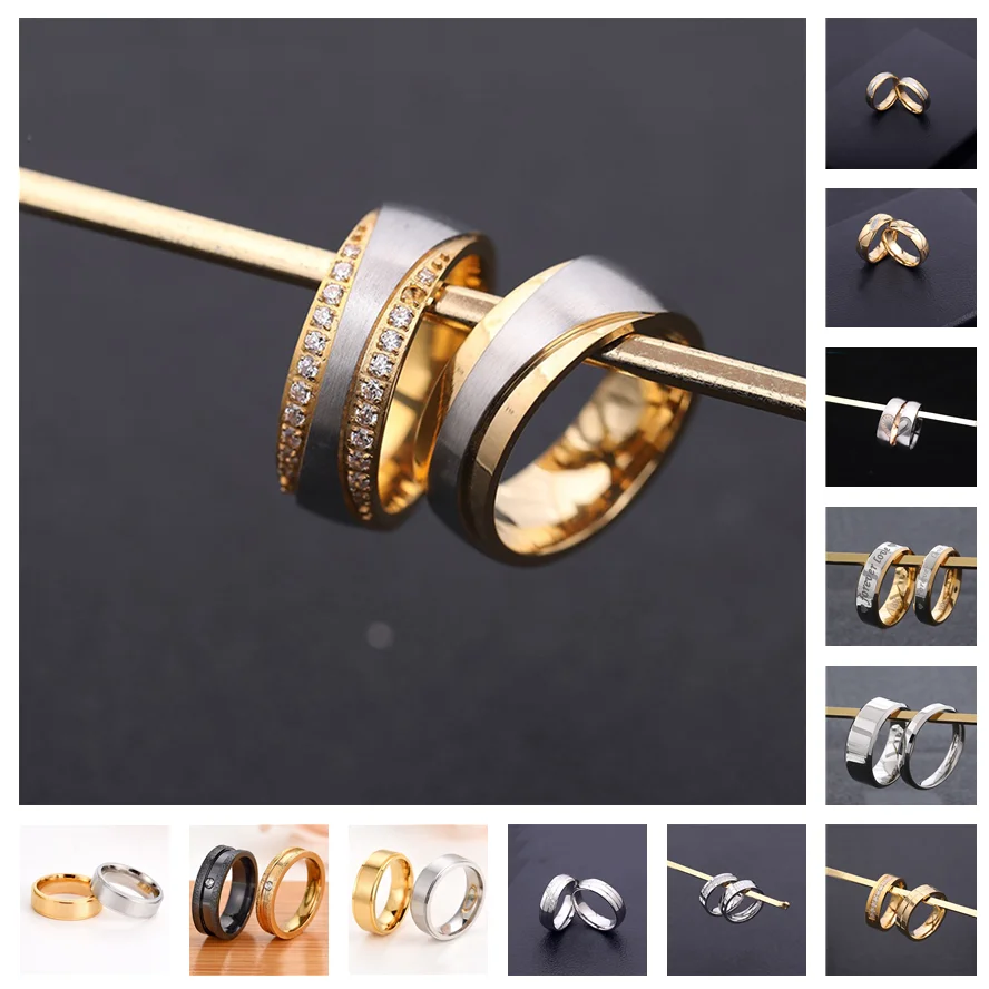 

1Piece Gold Tone Silver Plated Stainless Steel Titanium Ring Cubic Zircon Rhinestone Couple Engagement Wedding Jewelry Men Women
