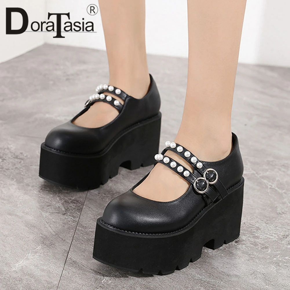 

DORATASIA Brand New Ladies String Bead Mary Janes Pumps Fashion Buckle Platform High Heels Pumps Women Casual Chunky Shoes Woman