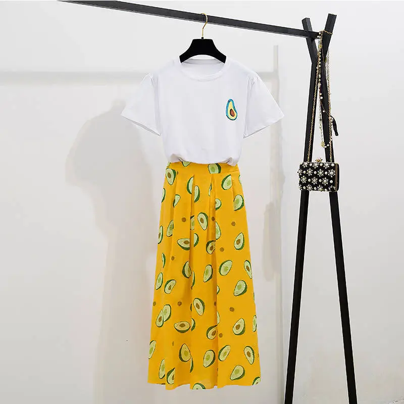 Yellow set Комплект из двух предметов, спортивный костюм, летняя консервативная хлопковая зеленая короткая футболка+ зеленая длинная юбка, комплекты для женщин, модные юбки, костюмы, большие размеры - Цвет: Yellow set