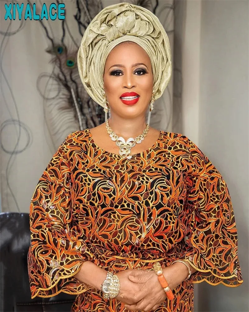 

Sequins Lace Fabrics 2022 High Quality Nigerian Lace Fabric Embroidered French African Lace Fabric Weaving Orange Dress KS3519B