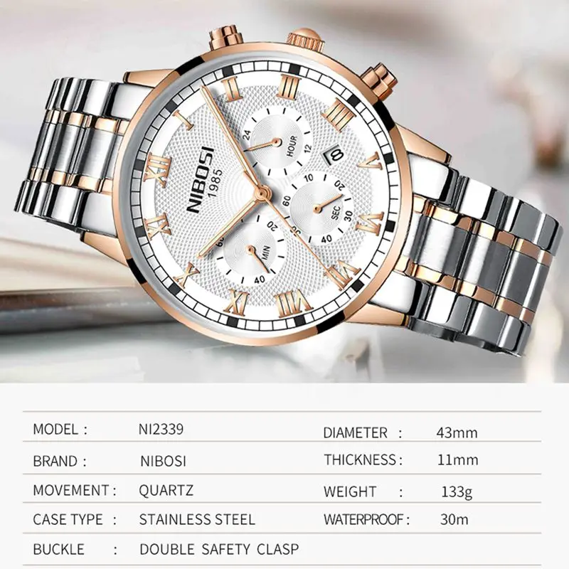 Nibosi Мужские кварцевые часы Роскошные модные спортивные наручные