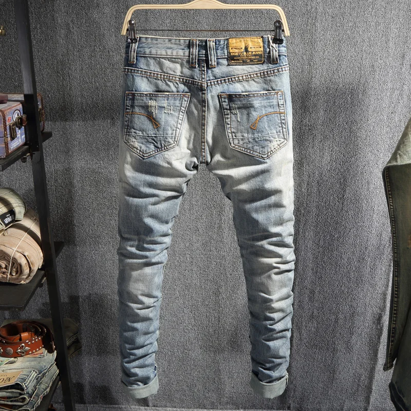 European Street Fashion Men Jeans Retro Light Blue Slim Ripped Jeans Men Korean Embroidery Designer Vintage Casual Denim Pants