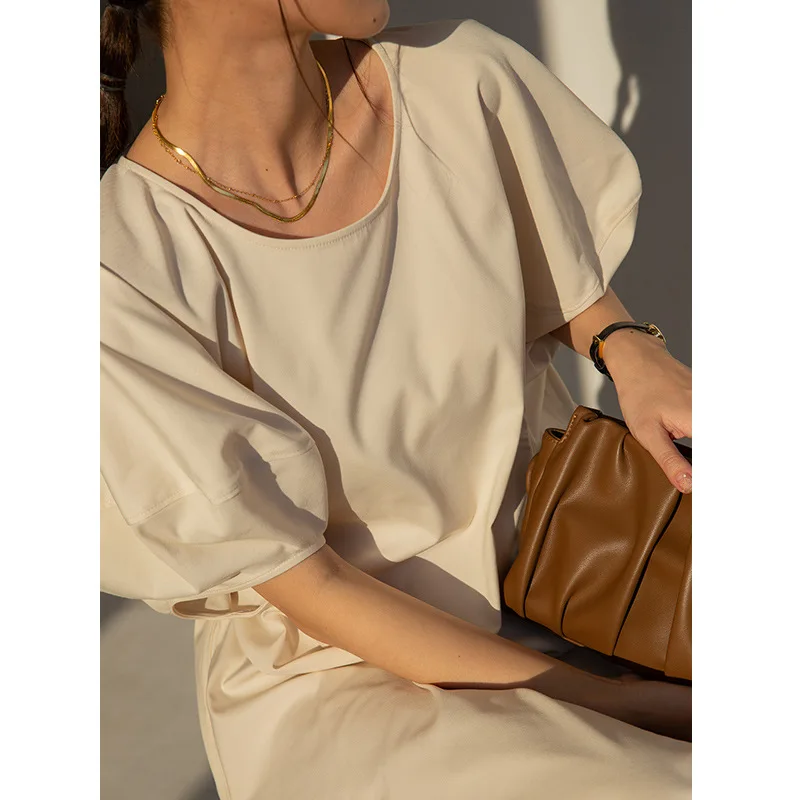 

Japan Style Summer New O Neck Lantern Sleeve Dress High Waist Simple Vestidos Elegant Temperament Loose Office Ladies Robe