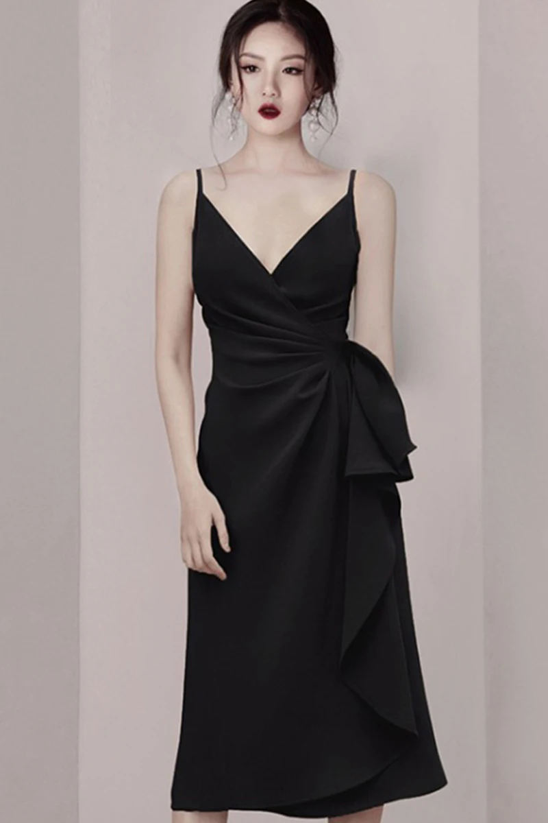 

Temperament small black dress evening dress with bottom strap dress summer women show thin sexy over the knee A-line dress