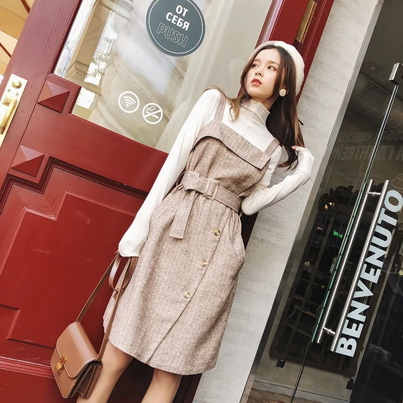 2023 autumn winter new Camisole dress for women causal slim fit with pocket Khaki knee-length dress