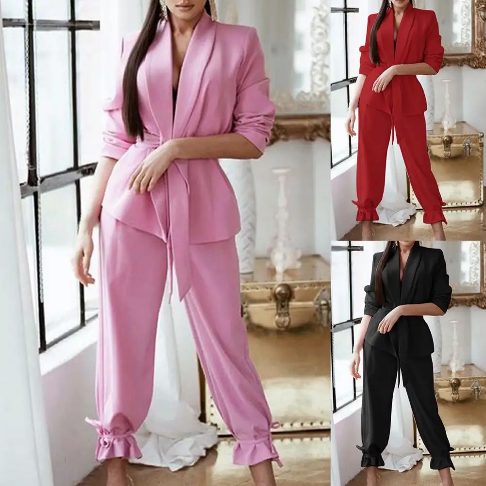 

Lady 1 Set Stylish Long Sleeve Ankle Tied Office Lady Suit Autumn Winter Blazer Pants Set Solid Color for Dating
