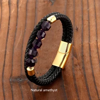 2021 new 10mm cut corner natural amethyst energy bracelet fashion ol style two layer leather cord 316 stainless steel bracelet