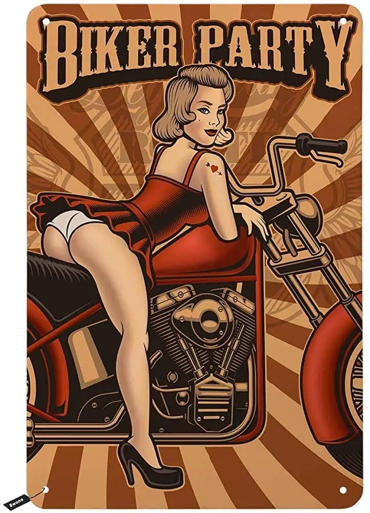 

Pin Up Girl Tin Signs,Sexy Waiter Girl Came Up on Roller-Skates Serving Food for Guests Vintage Metal Tin Sign for Men Women