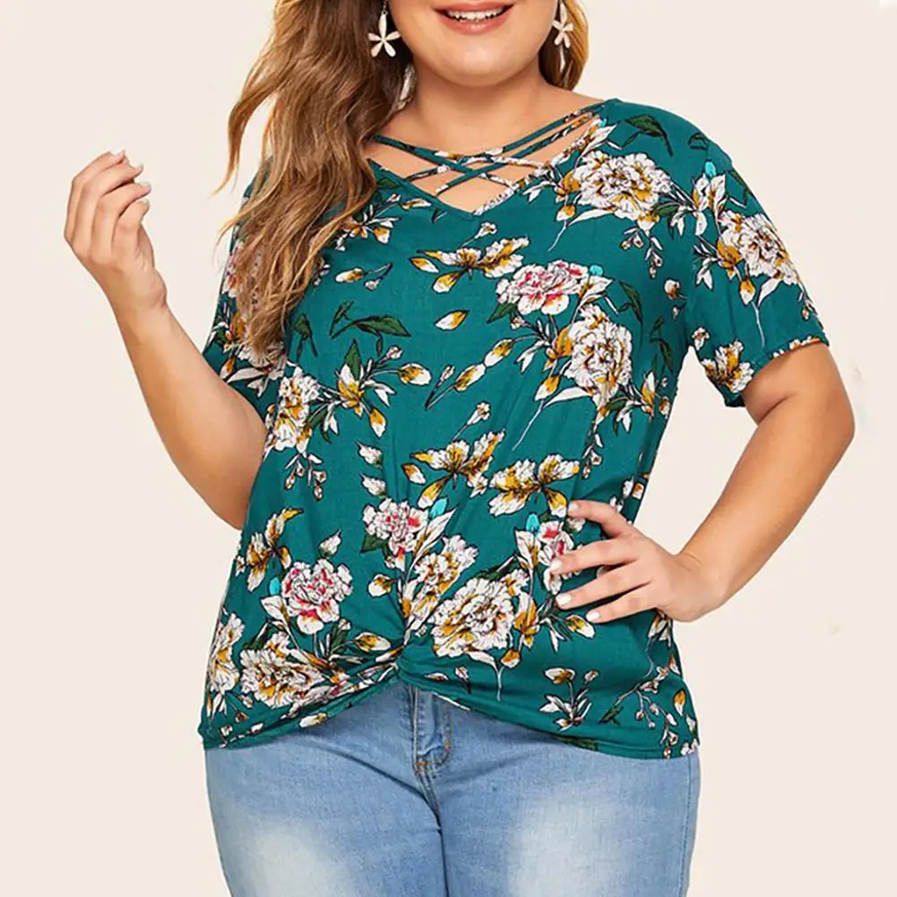 

Fashion Women V Neck Short Sleeve Flower Print Plus Size T Shirt Casual Blouse Plus Size Summer Beach Shirt Office Work Blouse