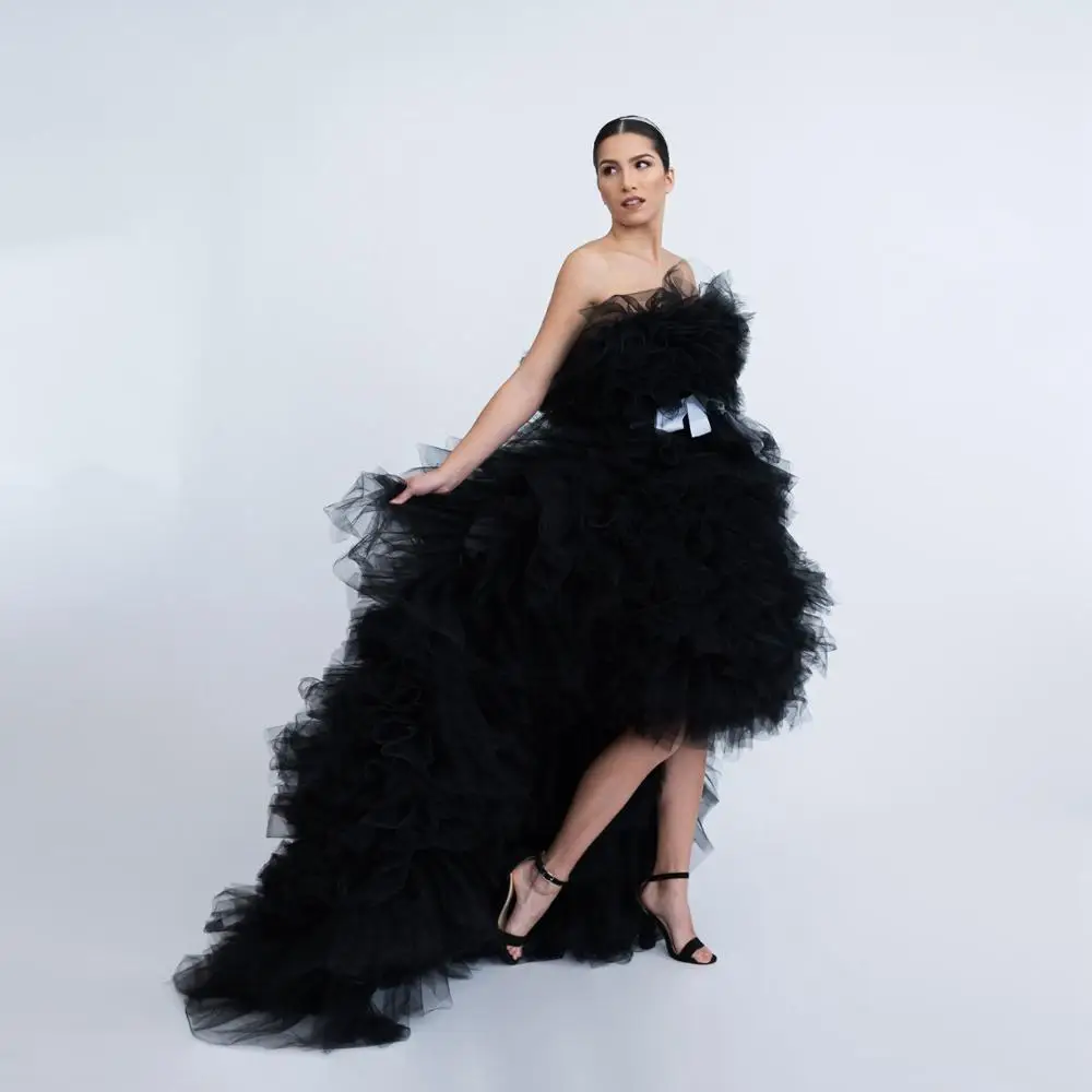

2020 Elegant Black Tulle Dresses Fluffy Girls Puffy Tutu Dress High Low Floor Length Girls Party Homecoming Gowns Customized