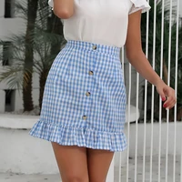 ladies plaid print fishtail skirt summer women button front ruffled hem skirt slim summer skirt