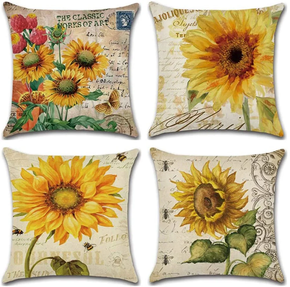 

Rose Sunflower Cushion Yellow Floral Pillow Printed Throw Pillowcase for Home Sofa Car Decorative Pillows 18x18
