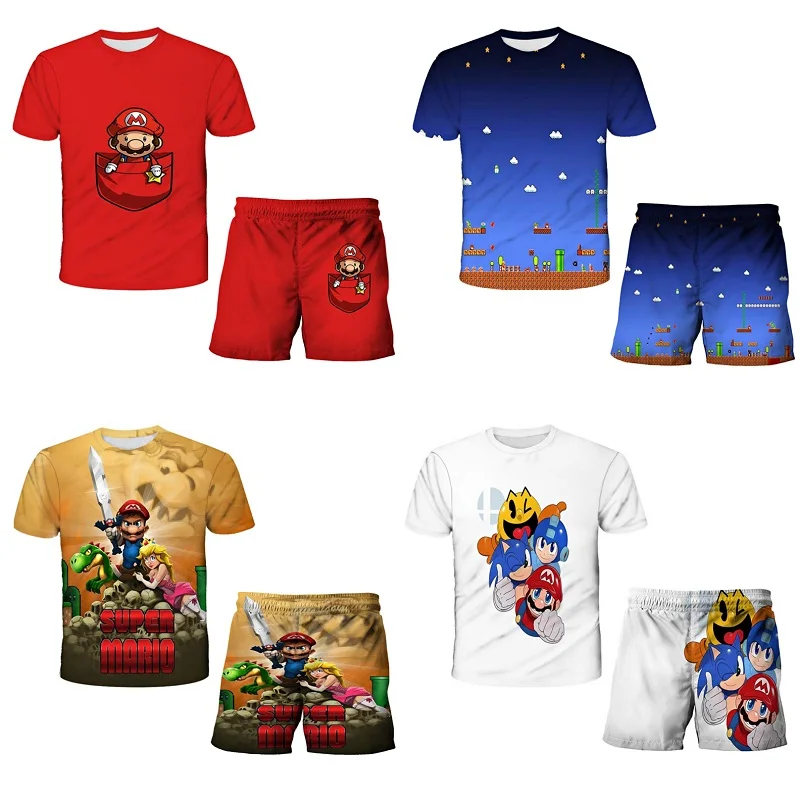 

2021New 4-12y Boys Mario Suit Lovely Print Clothes Girls 3D Anime Costume Children Summer Clothing Kids O-Neck Tshirts Suit
