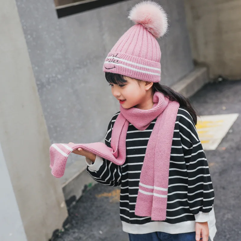 Толстый вязаный шерстяной детская шапка Осенняя до 7 лет плюшевые шапки и шарфа