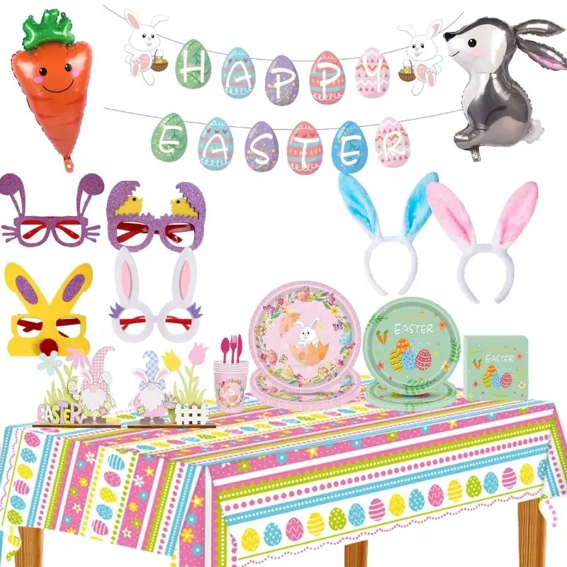

Easter Party Decor Disposable Tableware Bunny Plates Cups Happy Birthday Party Easter Baby Shower Decorations for Home Supplie