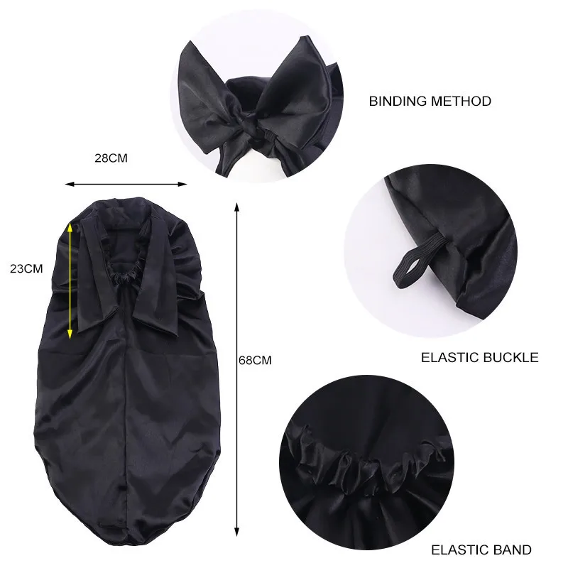 

African Women Long Tube Foldable Solid Satin Bonnets Knotted Silky Night Sleeping Caps Ladies Headscarf Shower Cap TB-343