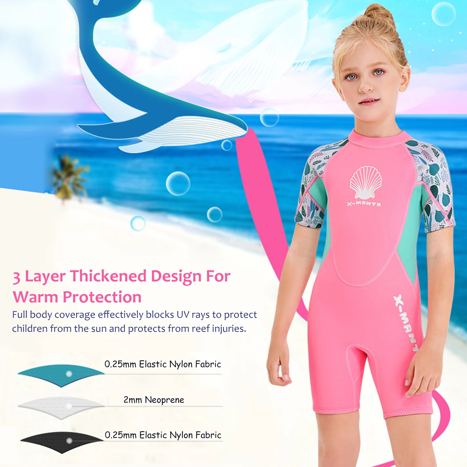 

Girls Short Wetsuit One Piece Shorty Diving Swimsuit with Zipper Quick Dry Short Sleeves Surf Suit for Water Sports