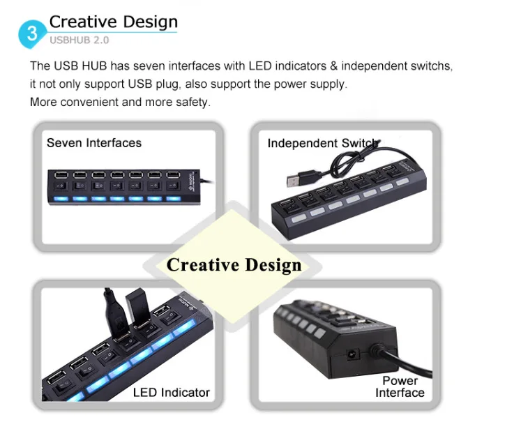 

Hub USB 2.0 Multi USB Splitter 4/7 Port Expander Multiple USB 2 Hub Use Power With Switch Adapter Hub For Laptop PC Accessories