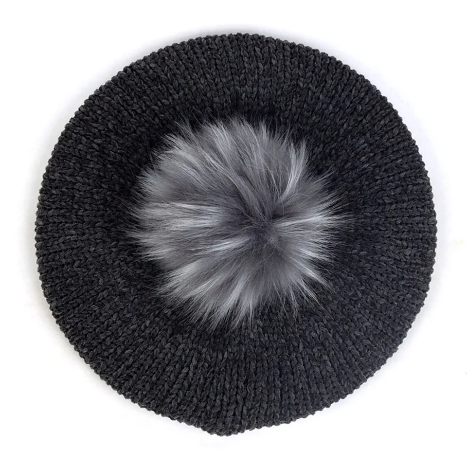 Женские Модные береты с помпон из искуственного меха Pom Chenille мягкие зимние теплые шапки женские французские художники берет шапки для волос Повседневная шапка