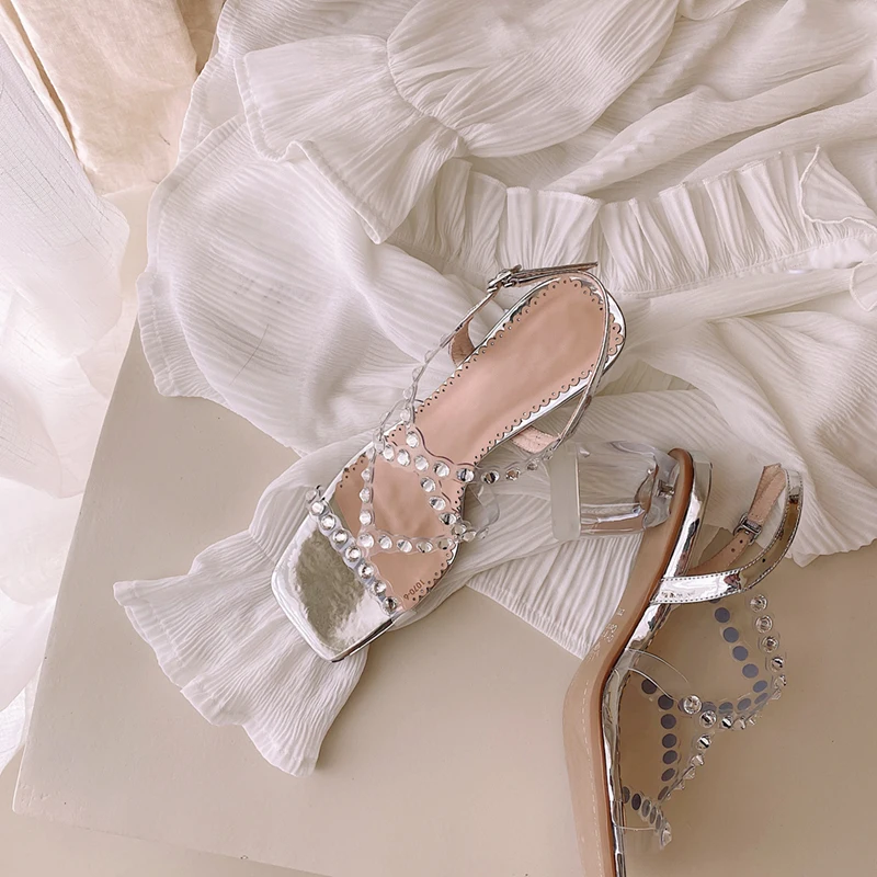 

Rhinestone Genuine leather Sandals woman bling bling crystal high heels Sexy ankle strap Open Toe dress party wedding summer