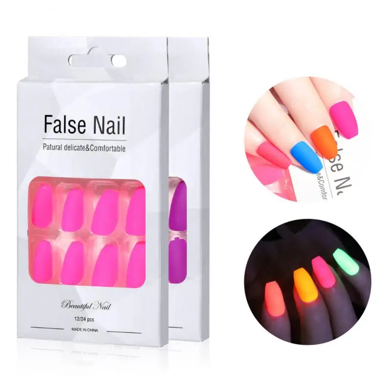 

Full Nail Tips False Nails Fluorescent Nail Art Patch Wearing Nail Solid Color Removable Fake Nail Piece Jelly Adhesive 24 Pcs