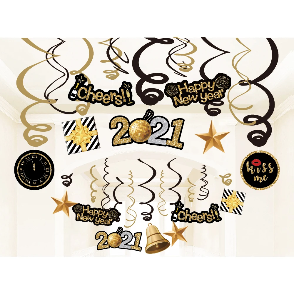 

2021 Happy New Year Hanging Swirls Xmas Party Decorations Wall Ceiling Black Gold Spirals Merry Christmas Party Favors